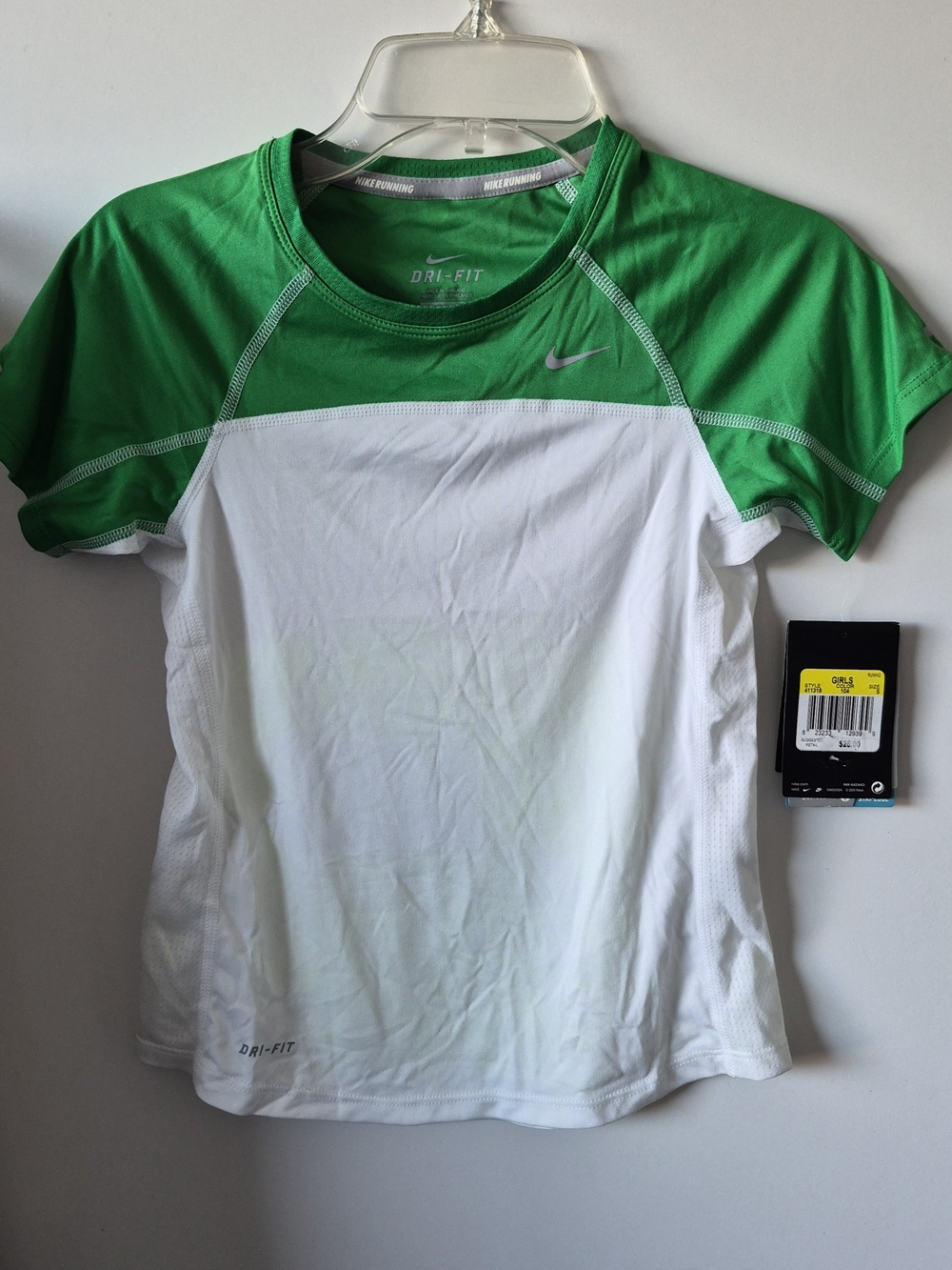 Nike Girls Dri-FIT White and Green Short-Sleeve Athletic Top Sz S